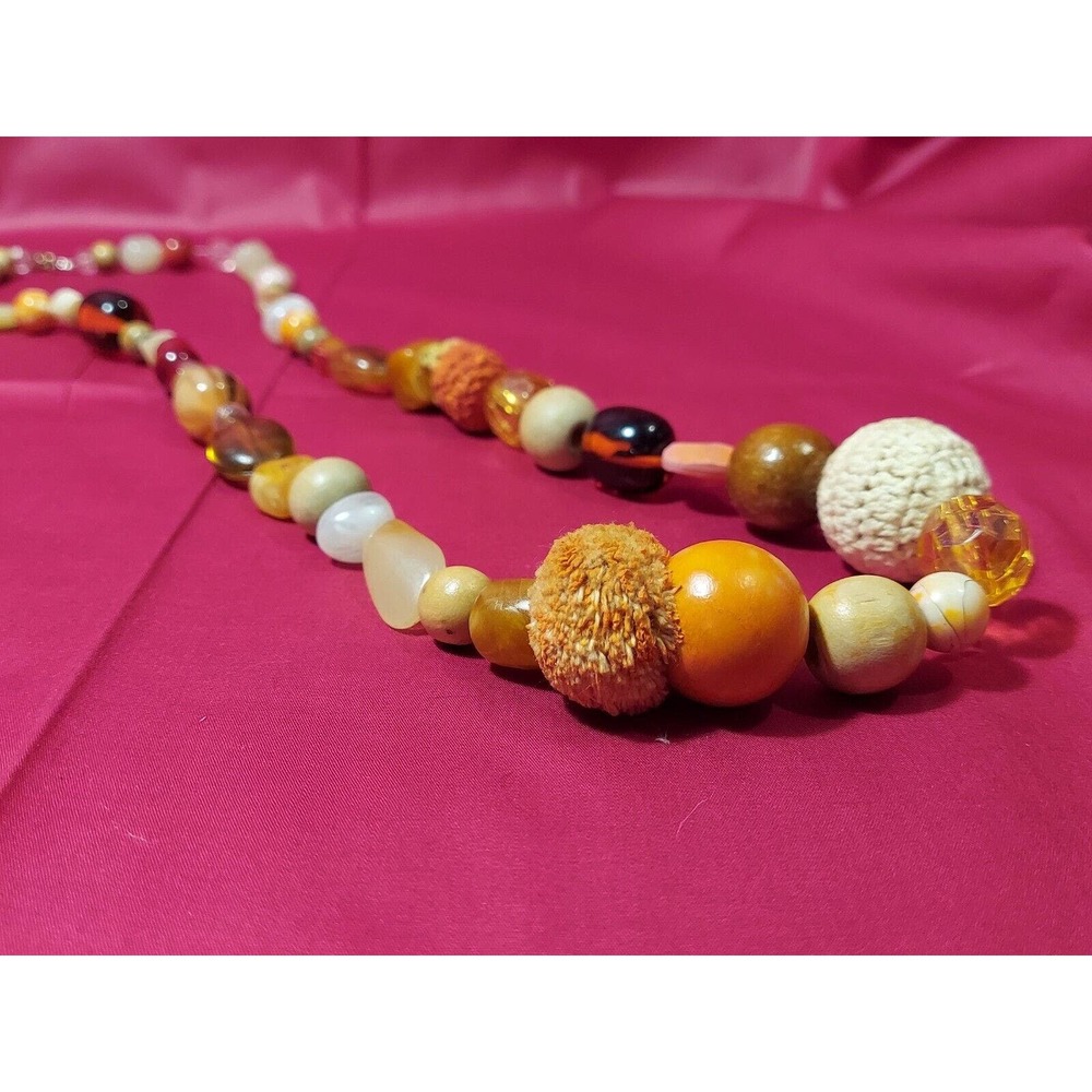 Vintage 70s Chunky Necklace Stones, Beads, Pom Poms, Wood, Handmade Jewelry